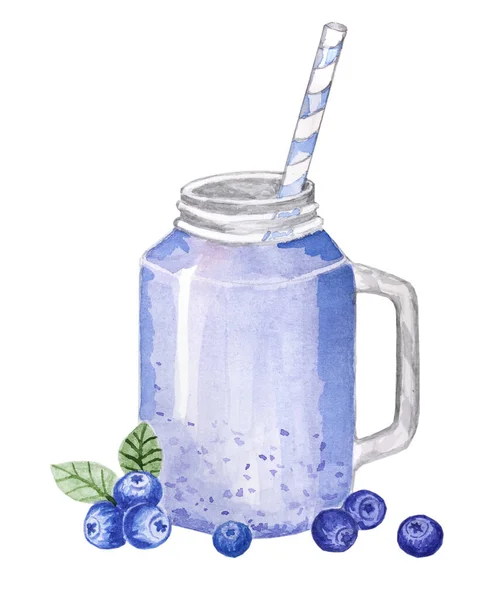 Smoothie Aux Myrtilles Pot Mason Aquarelle Peint Main — Photo