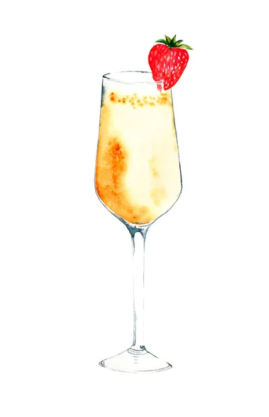 Шампанське Полуницею Ізольовано Білому Тлі Акварельна Ілюстрація — стокове фото