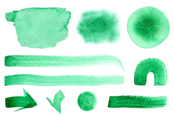 Green Aquarelle Brush Stains Hand Drawn Illustrations Set — 图库照片