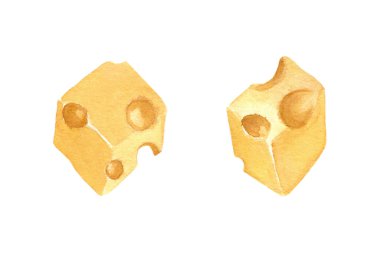 Watercolor illustration of cubes or pieces of cheese on white background