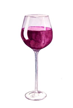 Beyaz arka plan üzerinde izole bir bardak kırmızı şarap. Suluboya elle çizilmiş illüstrasyon.