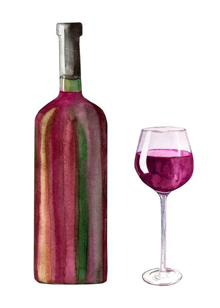 Glass Red Wine Bottle White Background Watercolor Illustration Party Holiday — 스톡 사진