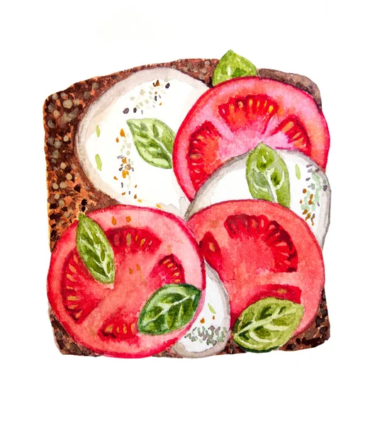 Open sandwiches with fresh mozzarella, tomatoes and basil. Watercolor illustration.