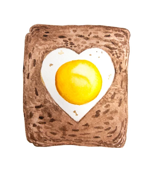 Toast with a heart-shaped fried egg.  Watercolor hand drawnt illustration.