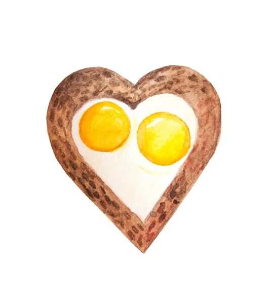 Heart Shaped Toast Fried Egg Watercolor Hand Drawnt Illustration — Stockfoto