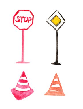 Trafik işaretlerinin suluboya çizimi. 