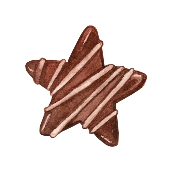Chocolate Star Cookies Watercolor Hand Drawn Illustration Christmas Cookies Isolated — Stock Photo, Image