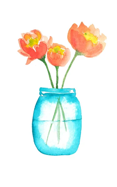 Blue Jar Peonies White Background Idea Greeting Card Watercolor Hand — Stock Photo, Image