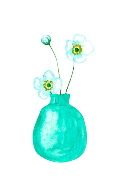 Weiße Anemonenblüten Einer Blauen Vase Aquarell Handgezeichnete Illustration — Stockfoto
