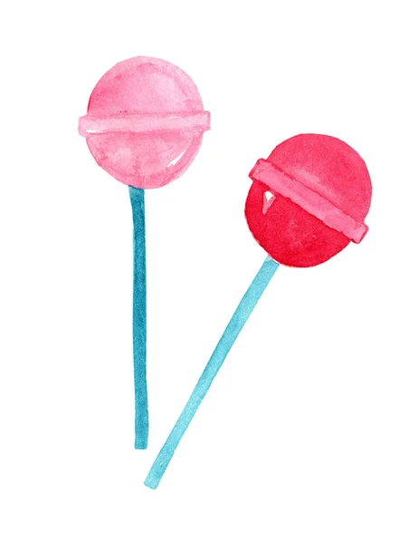 Lollipops Rosa Vermelho Doce Aquarela Ilustração Fundo Branco — Fotografia de Stock