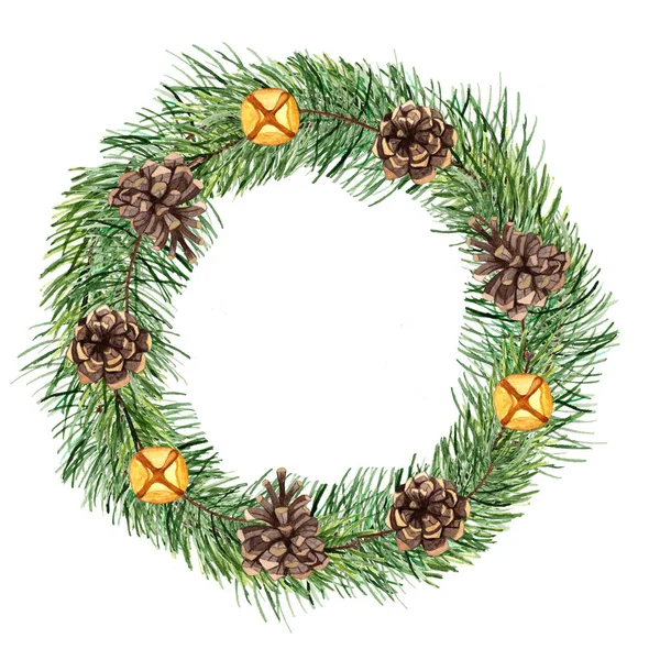 Watercolor Cristmas Wreath Pine Trees Cones Bells — Stock Photo, Image
