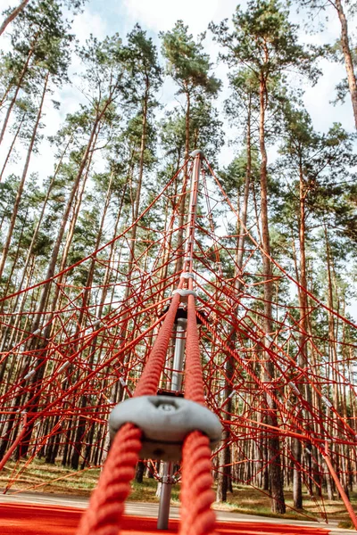 Pirámide Cuerda Roja Bosque Equipo Juegos Redes Escalada —  Fotos de Stock