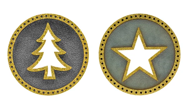 Insignias Decorativas Redondas Navidad Con Elementos Brillantes Dorados Aislados Sobre — Foto de Stock