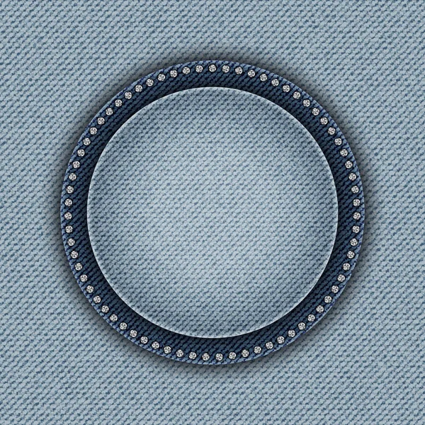 Vecteur Bleu Fond Denim Avec Panneau Rond Avec Diamants Argentés — Image vectorielle