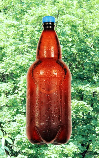 Flasche Bier auf grünem Laub. — Stockfoto