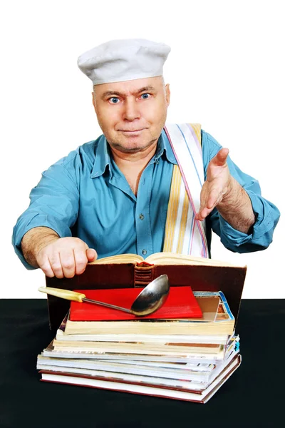 Chef with recipe book. — Stock Photo, Image