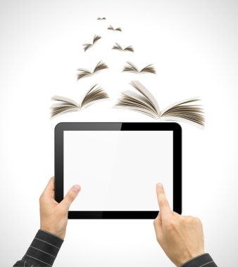 siyah tablet pc ipade el ve beyaz arka plan üzerinde kitap gibi. taşınabilir bilgisayar eğitim kavramı