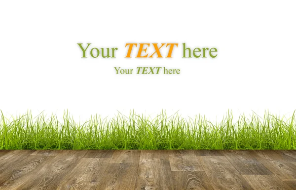 Verse lente groen gras met houten vloer op witte achtergrond — Stockfoto