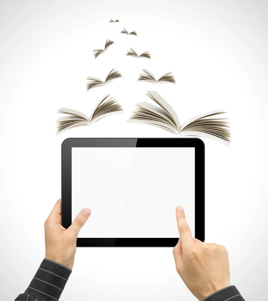 Black tablet pc like ipade in hands and book on white background. Portable computer education concept — Stock Photo, Image