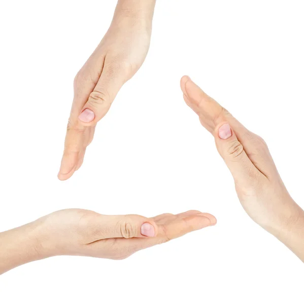 Four hands make triangle frame shape — Stock Photo, Image