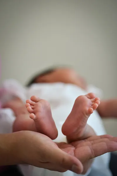 Baby barnets dyrbara fötter över mors hand - oskuld conce Royaltyfria Stockbilder