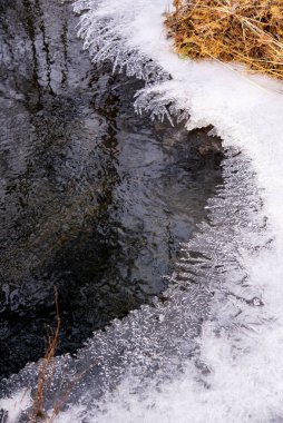 Donmuş su ve buz parçalarıyla dolu orman deresi.