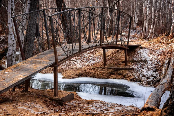 wooden bridge over a stream in ice, autumn, first snow, horizontal