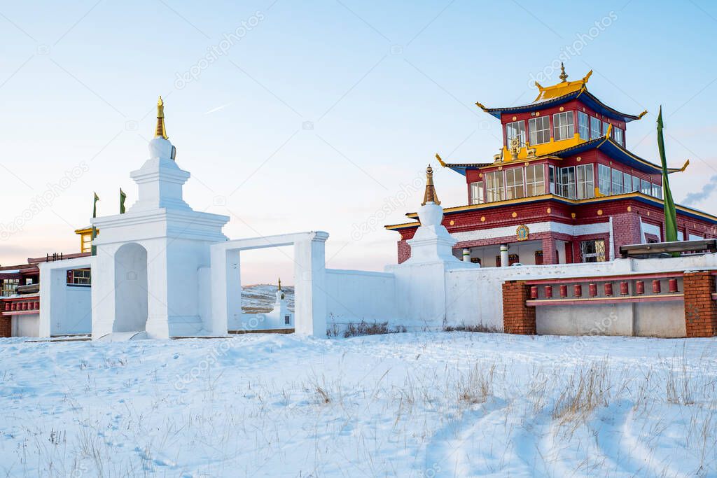 Buryatia, Russia - January 20, 2022: Atsagat datsan is a Buddhist monastery of the Gelug school, located on the western outskirts of the village of Naryn-Atsagat, Zaigraevsky district of Buryatia