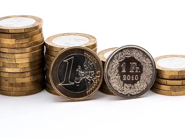 Euro Mince Švýcarský Frank Blízkosti — Stock fotografie