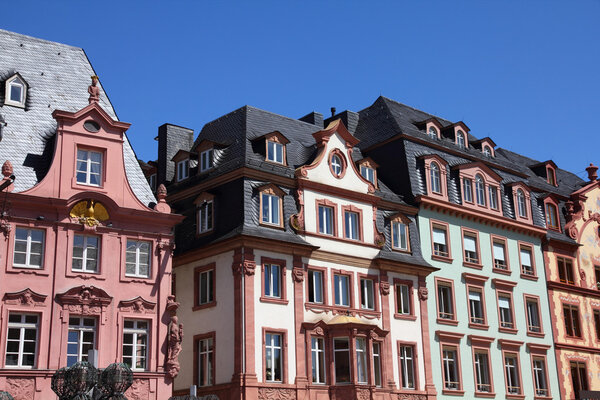 Mainz - town in Rhineland-Palatinate region of Germany. Old decorative houses at the main city square.