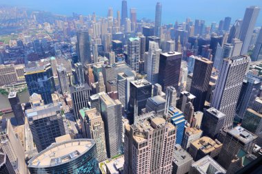 skyline van de stad met lake michigan.