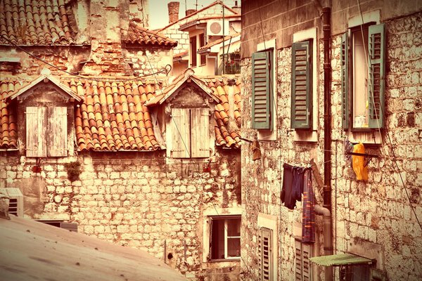 Croatia - Split in Dalmatia. Old town - famous UNESCO World Heritage Site. Cross processed color style - retro tone.