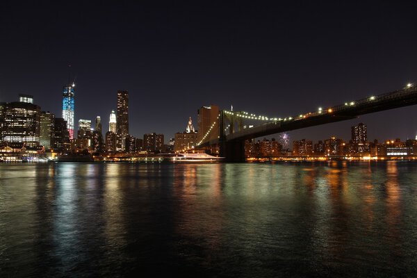 New York City, United States - Manhattan skyline from Brooklyn. Night view.