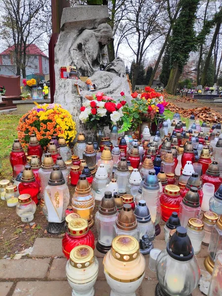 Begraafplaats Kaarsen Znicz Polen Traditie Voor Allerheiligen — Stockfoto