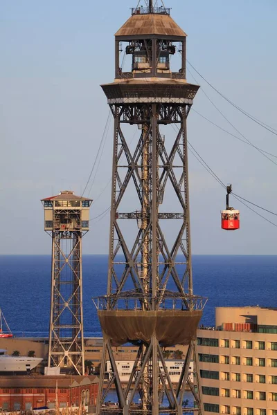 Barcelona Spanya Ekim 2021 Port Vell Aerial Tramvay Kuleleri Teleferic — Stok fotoğraf