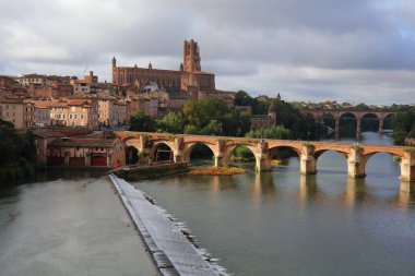 Albi, Fransa. Tarn Bölümü 'ndeki Albi kasabası. Tarn nehri ile kasaba manzarası.