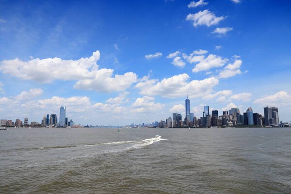 Jersey City and New York City skyline seen from Hudson River.