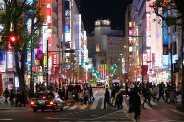 TOKYO, JAPONYA - 29 Kasım 2016: İnsanlar geceleyin Tokyo 'nun Ikebukuro ilçesini ziyaret ediyor. Ikebukuro Toshima, Tokyo 'da bir ticaret ve eğlence bölgesi..