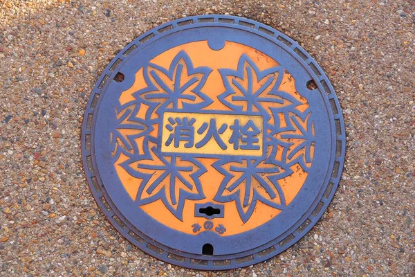 Minoo Japan November 2016 Ornamented Manhole Cover Featuring Autumn Leaves — Stock Photo, Image