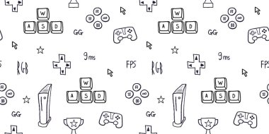 Video game seamless background. Gaming concept vector illustration. Gamer doodle with WASD keys and gaming equipment. clipart