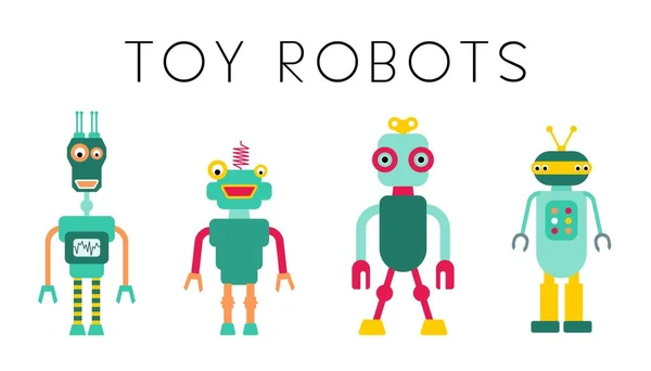 Wektor Robotów Kolekcja Robotów Zabawkowych Retro Styl Cute Robot Postać — Wektor stockowy