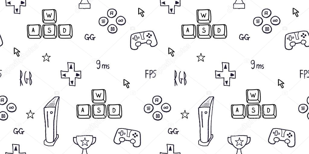 Video game seamless background. Gaming concept vector illustration. Gamer doodle with WASD keys and gaming equipment.