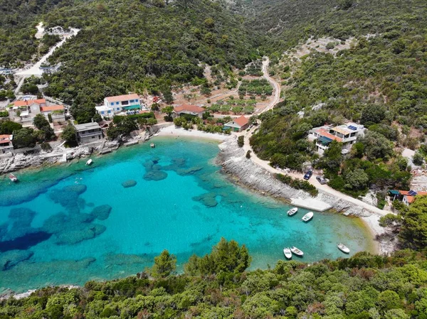 Ilha Korcula Croácia Paradise Cove Com Barcos Brancos Rasohatica Baía — Fotografia de Stock