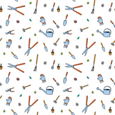 Bahçıvanlık kusursuz desen. Bahçe araçları vektör arka planı. Kusursuz renksiz karalama moda deseni.