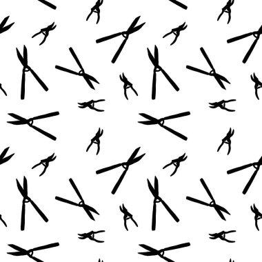 Bahçe makasları pürüzsüz desen. Çit makası ve budama makası. Bahçe araçları vektör arka planı. Kusursuz moda baskı dokusu.