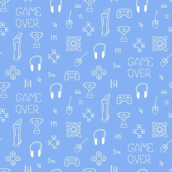 Gaming Thema Naadloze Doodle Blauwe Achtergrond Vector Videospelpatroon Naadloze Gaming — Stockvector