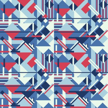 Kusursuz geometrik desen. Modern soyut geometrik şekil tasarımı. Moda olmayan vektör deseni. Kırmızı ve mavi renk.