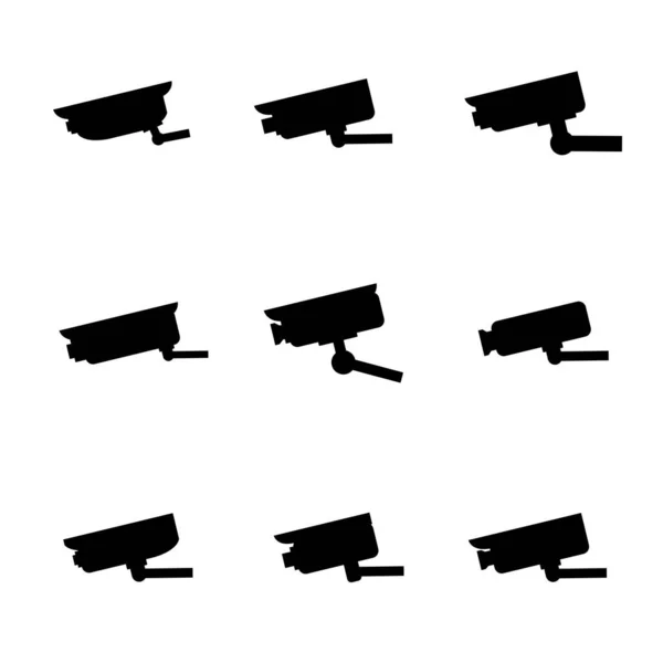 Video Izleme Ikonu Ayarlandı Vektör Güvenlik Kamerası Düz Siyah Simgeler — Stok Vektör