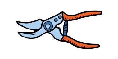 Çizgi film stili budama makası. Bahçe aletleri karalama stili illüstrasyon. Bahçe hobisi ekipmanları izole vektör nesnesi.