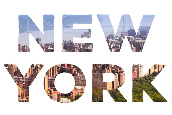 Signo Texto Nueva York Nombre Ciudad Con Foto Tarjeta Postal —  Fotos de Stock